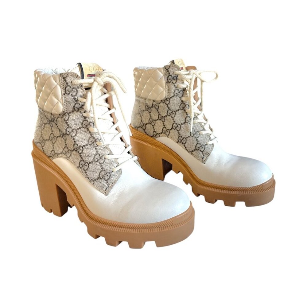 GUCCI Apollo GG Monogram Combat Boots EU 38 US 8 White Beige Leather Canvas Samo